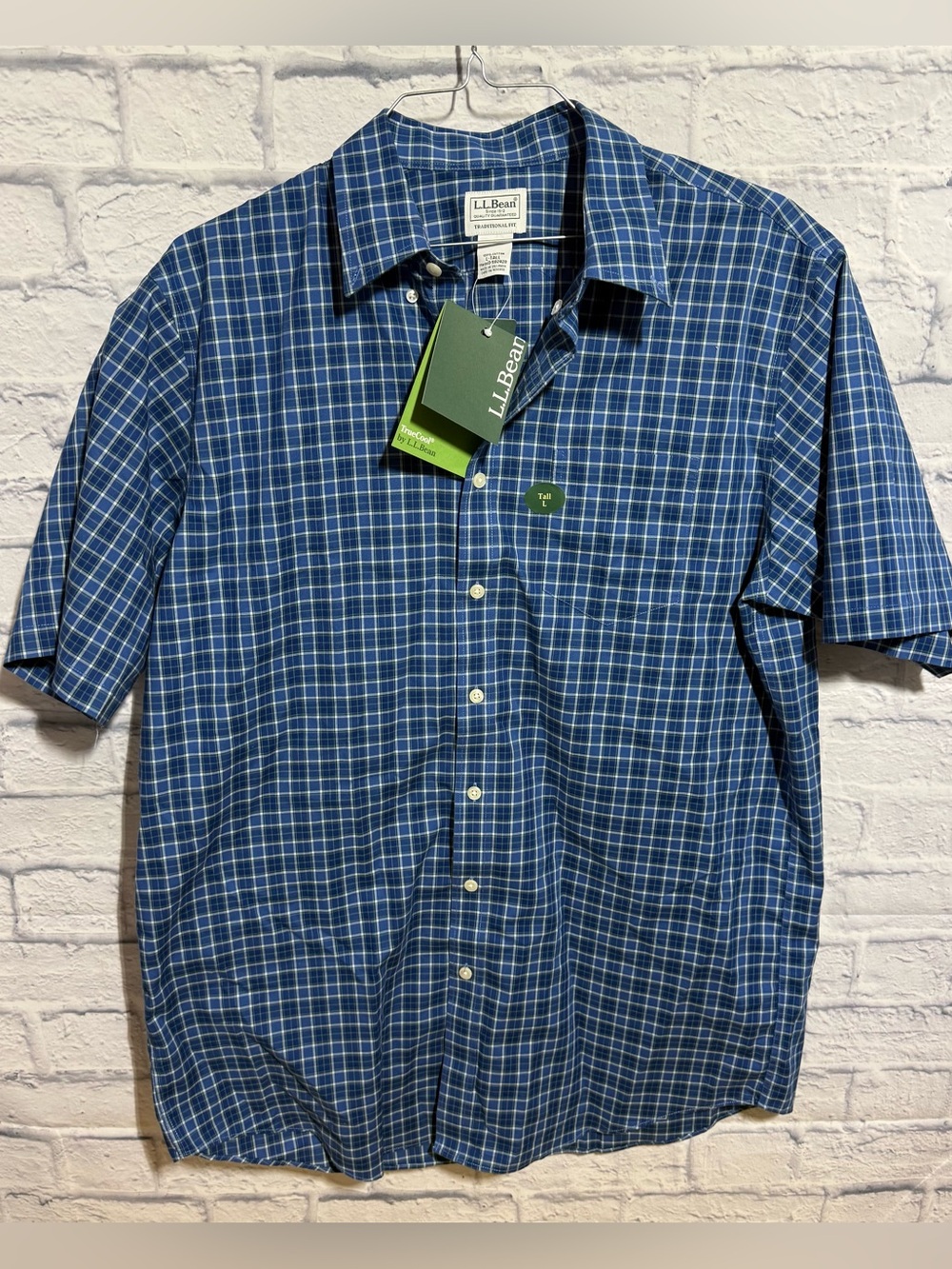 L.L. Bean Kennebunk Wrinkle-Free Blue Plaid Button-Down Shirt, Large - Tall, LT
